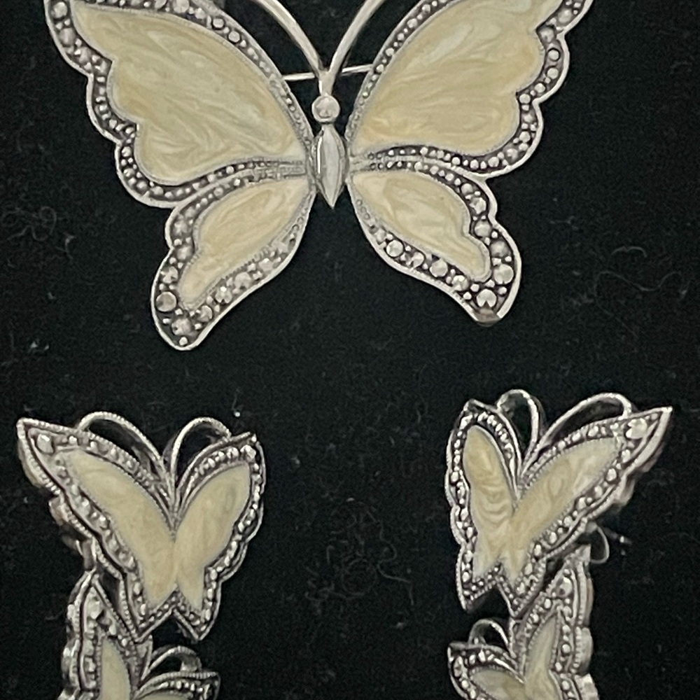 STUNNING VINTAGE MARCASITE and ENAMEL Butterfly Jewelry Set